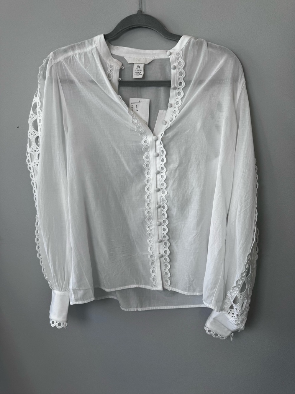 H&M White Boho Eyelet Cutout Sleeve Button Front Blouse Small NWT